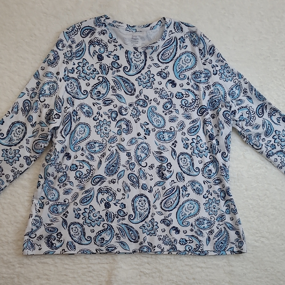 Kim Rogers White & Blue Paisley 100% Cotton Perfectly Soft Blouse size XXL